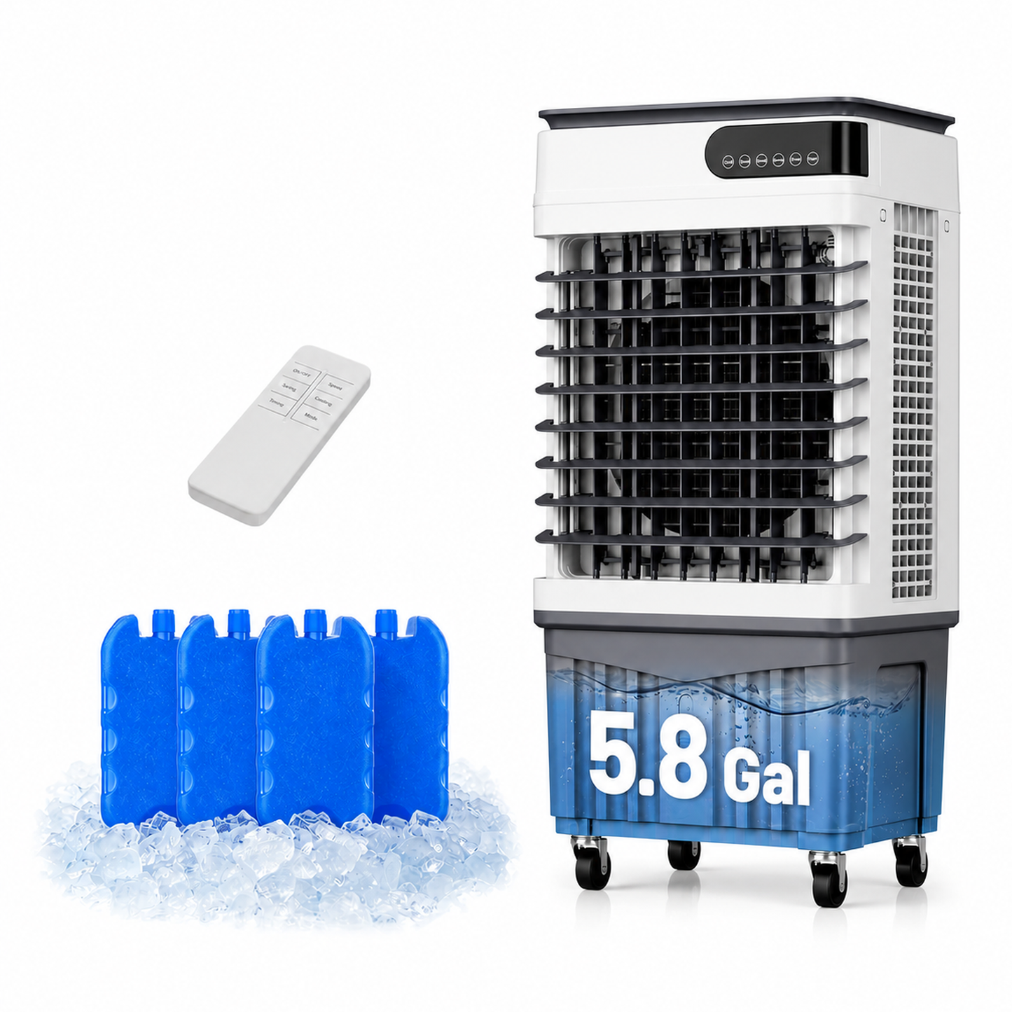 Nanori 2400 CFM Evaporative Air Cooler, 5.8 Gal Portable Swamp Cooler,3 Speeds, 120° Oscillation, 1–12H Timer, Remote, 4 Ice Packs, for Patio, Garage, Bedroom, Small Room