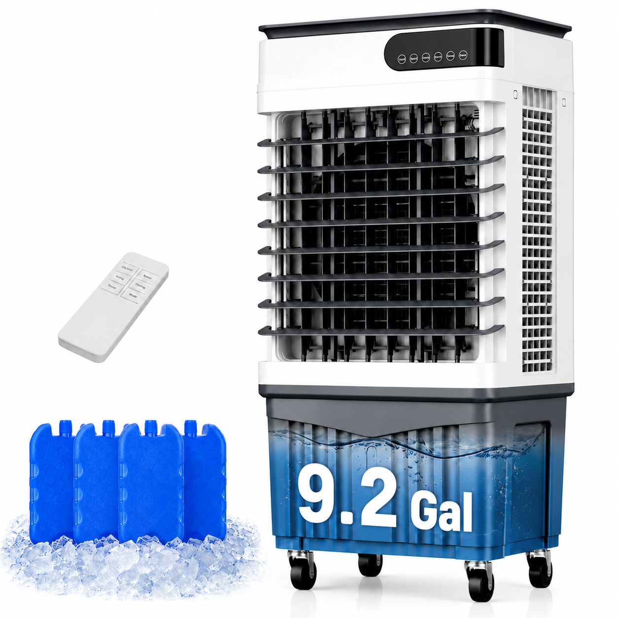 Portable Evaporative Air Cooler, 9.2 Gal Swamp Cooler with Remote Large top-fill tank, 3 speeds, natural and cooling modes, remote control and 12-hour timer for home, patio and sunroom