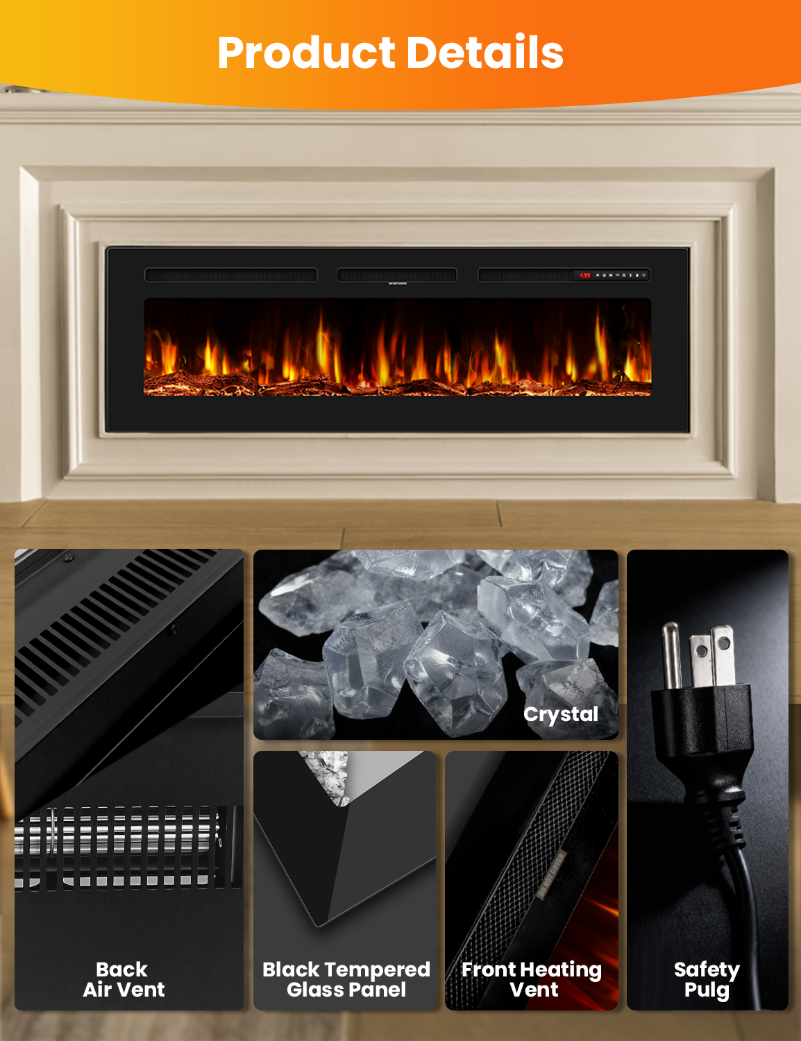 Nexaro 60″Electric Fireplace Heater with 1500W High/Low Heat, Overheat Protection, Child Lock, 12 Flame Colors, Timer, Remote Control, Recessed or Wall Mounted Fireplace Insert