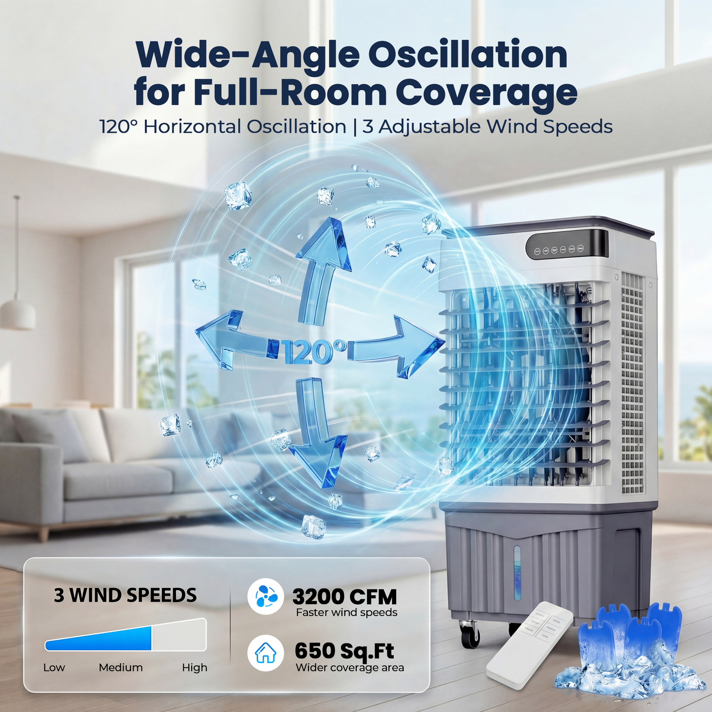 Swamp Cooler Air Conditioner, 13.5 Gal Portable Evaporative Air Cooler with 4 Ice Packs, LED Display, Remote & Touch Control, 12H Timer, Wide Oscillation, 3 Speeds for Garage, Patio
