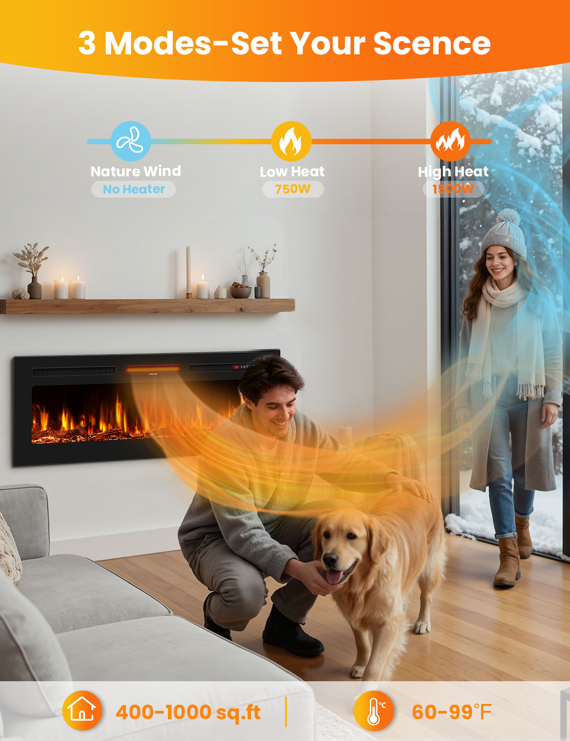 Nexaro 50″Electric Fireplace Heater with 1500W High/Low Heat, Overheat Protection, Child Lock, 12 Flame Colors, Timer, Remote Control, Recessed or Wall Mounted Fireplace Insert