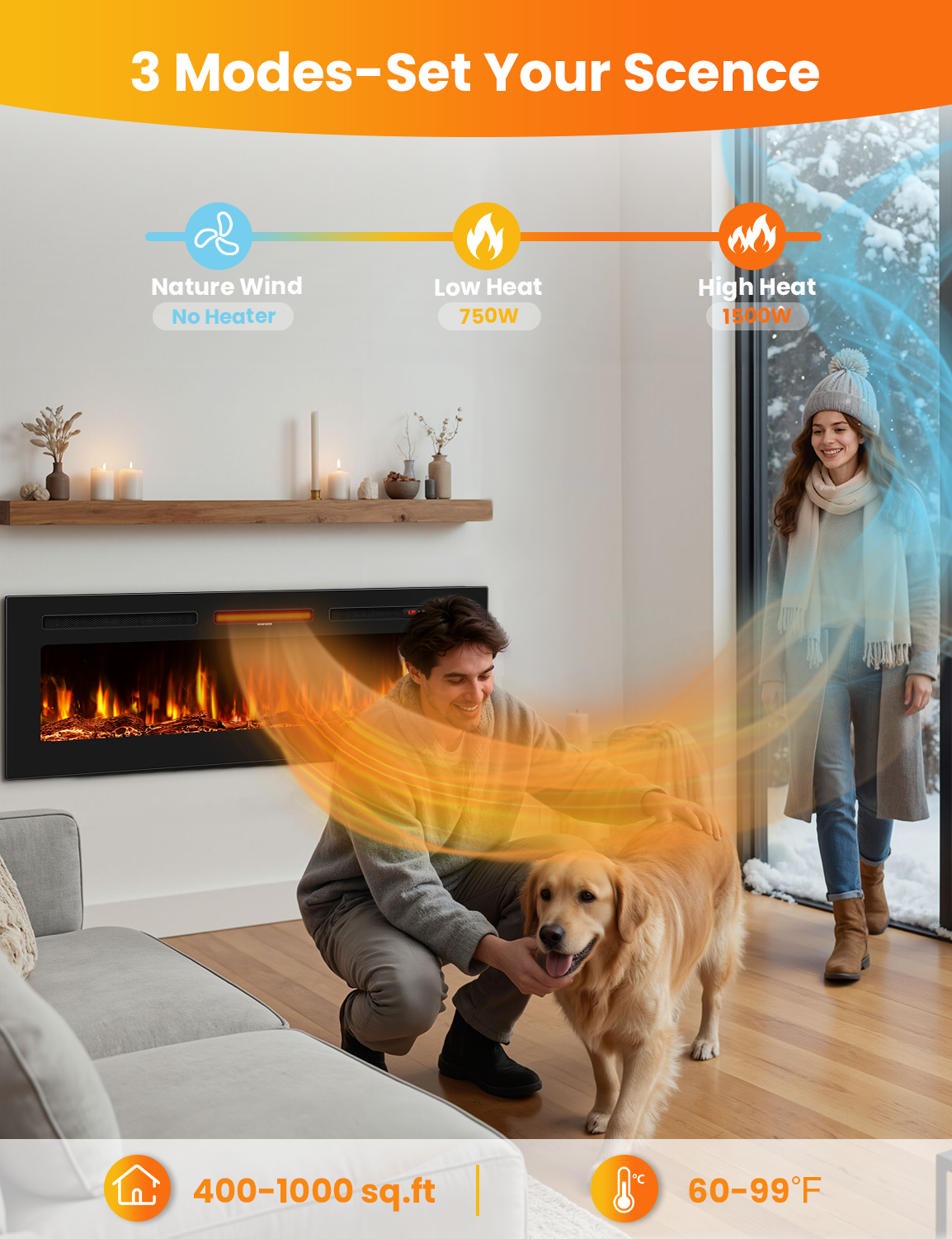Nexaro 60″Electric Fireplace Heater with 1500W High/Low Heat, Overheat Protection, Child Lock, 12 Flame Colors, Timer, Remote Control, Recessed or Wall Mounted Fireplace Insert