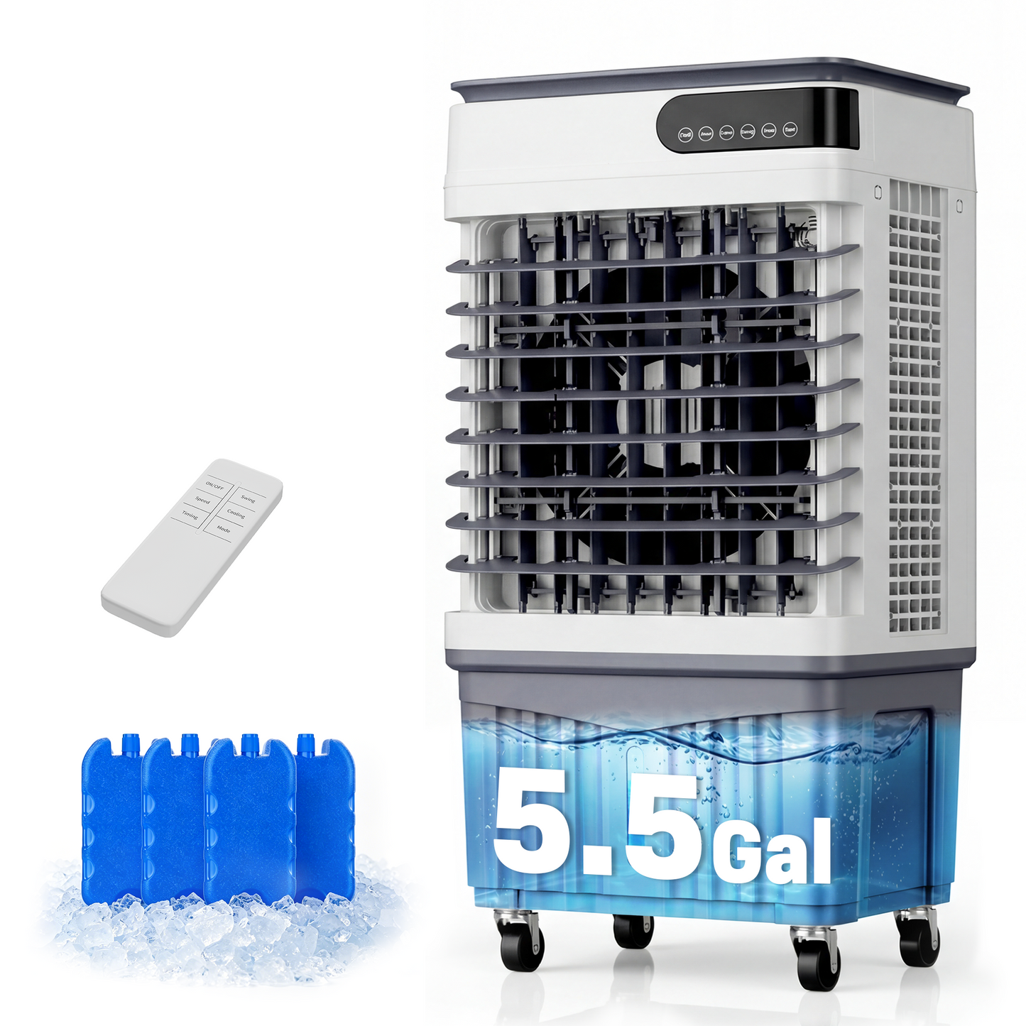 Swamp Cooler Air Conditioner, Portable Evaporative Air Cooler with 4 Ice Packs, LED Display, Remote & Touch Control, 12H Timer, Wide Oscillation, 5.5 Gal Tank for Bedroom, Garage