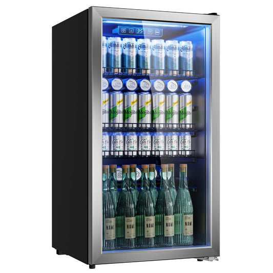 130 Can Beverage Refrigerator, 3.2 Cu.ft Mini Fridge, Glass Door, Silver