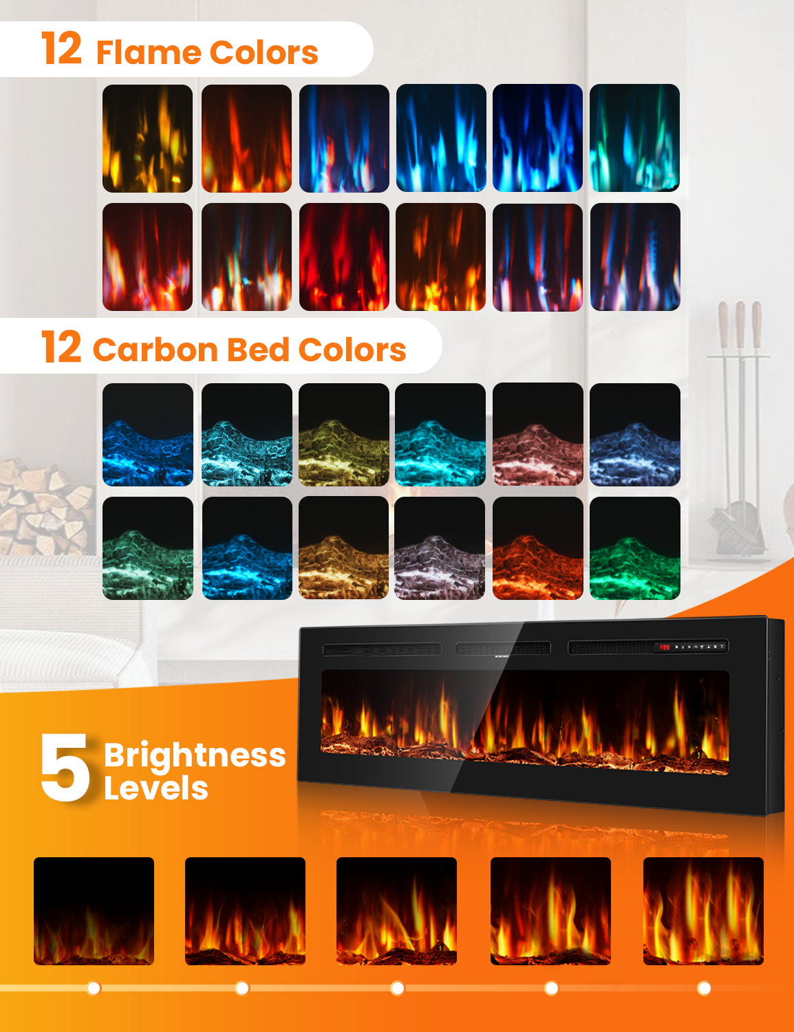 Nexaro 60″Electric Fireplace Heater with 1500W High/Low Heat, Overheat Protection, Child Lock, 12 Flame Colors, Timer, Remote Control, Recessed or Wall Mounted Fireplace Insert