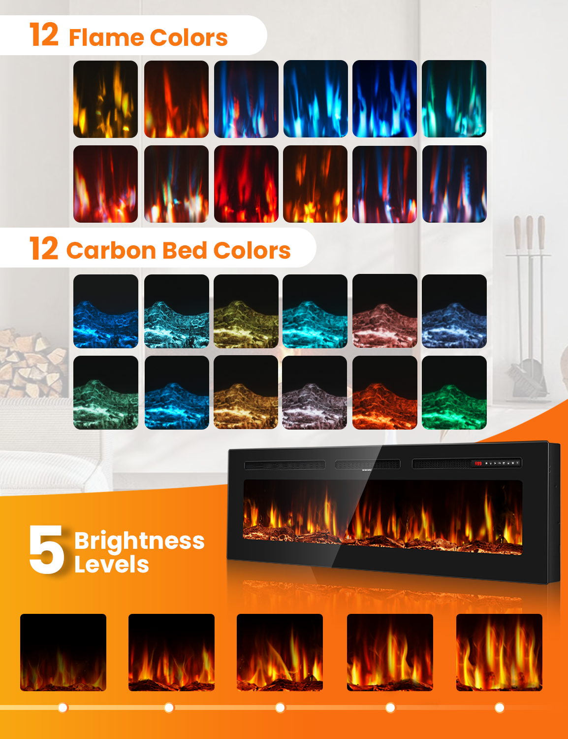 Nexaro 50″Electric Fireplace Heater with 1500W High/Low Heat, Overheat Protection, Child Lock, 12 Flame Colors, Timer, Remote Control, Recessed or Wall Mounted Fireplace Insert