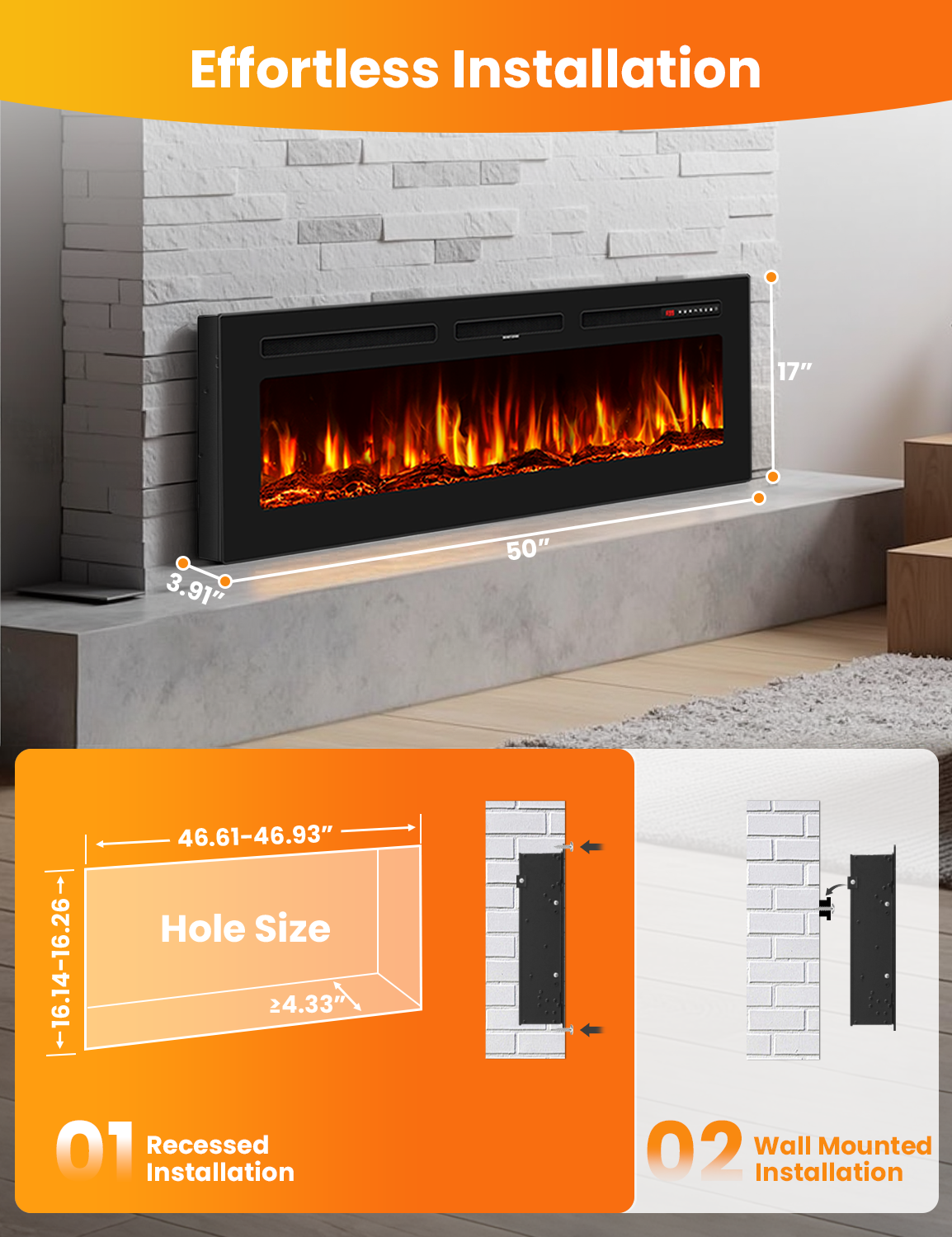 Nexaro 50″Electric Fireplace Heater with 1500W High/Low Heat, Overheat Protection, Child Lock, 12 Flame Colors, Timer, Remote Control, Recessed or Wall Mounted Fireplace Insert