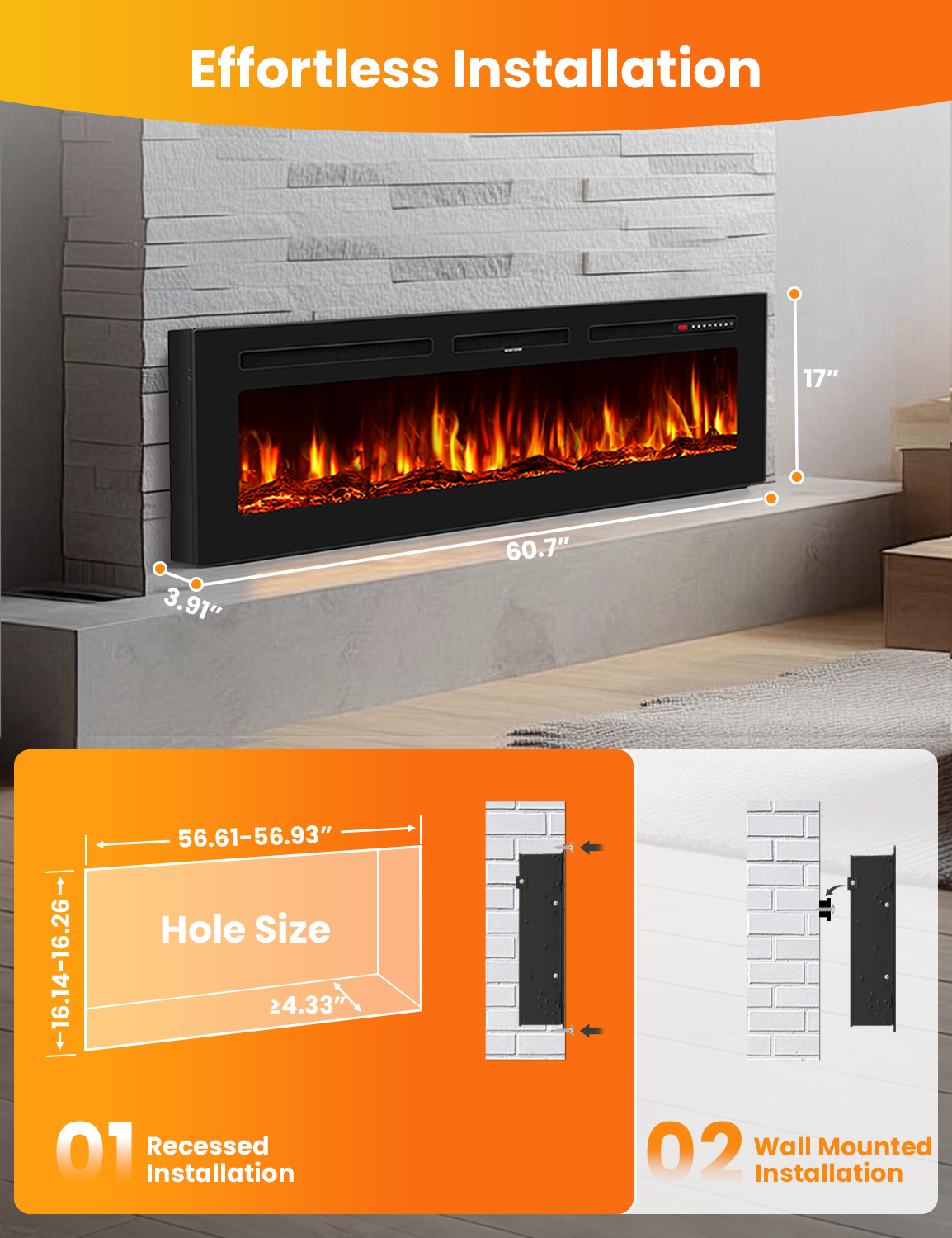Nexaro 60″Electric Fireplace Heater with 1500W High/Low Heat, Overheat Protection, Child Lock, 12 Flame Colors, Timer, Remote Control, Recessed or Wall Mounted Fireplace Insert