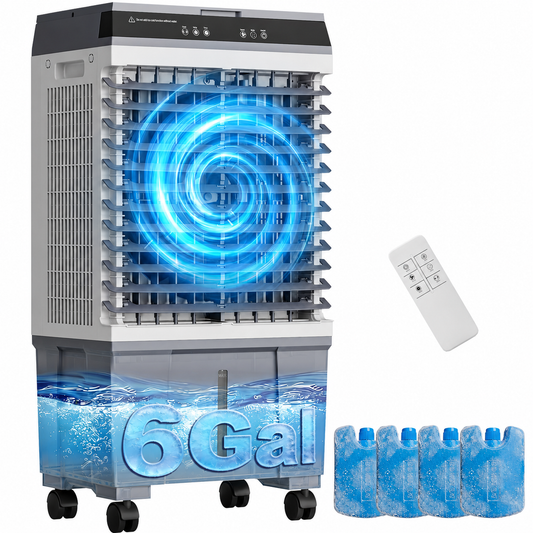 1800 CFM Portable Evaporative Air Cooler, 6 Gal Tank Swamp cooler with 4 ice packs, 60° oscillation, 3 speeds, 12H timer and remote for bedroom, home office and living room