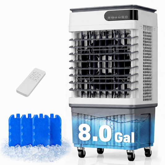 2800 CFM Evaporative Air Cooler, 8 Gal Portable Swamp Cooler 2800 CFM airflow, 8 gal top-fill tank, 4 ice packs and 120° oscillation for garages, workshops and large rooms