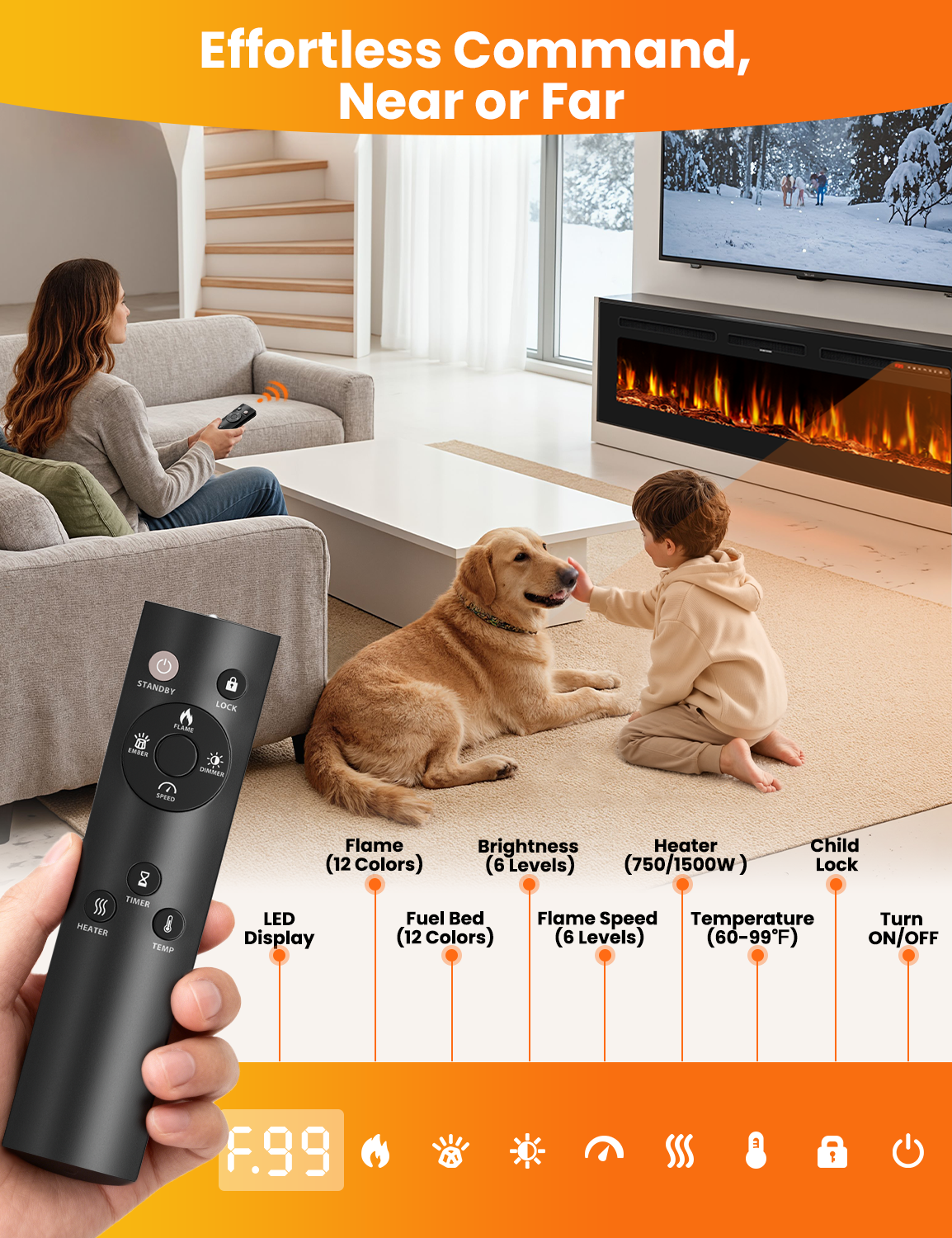 Nexaro 60″Electric Fireplace Heater with 1500W High/Low Heat, Overheat Protection, Child Lock, 12 Flame Colors, Timer, Remote Control, Recessed or Wall Mounted Fireplace Insert