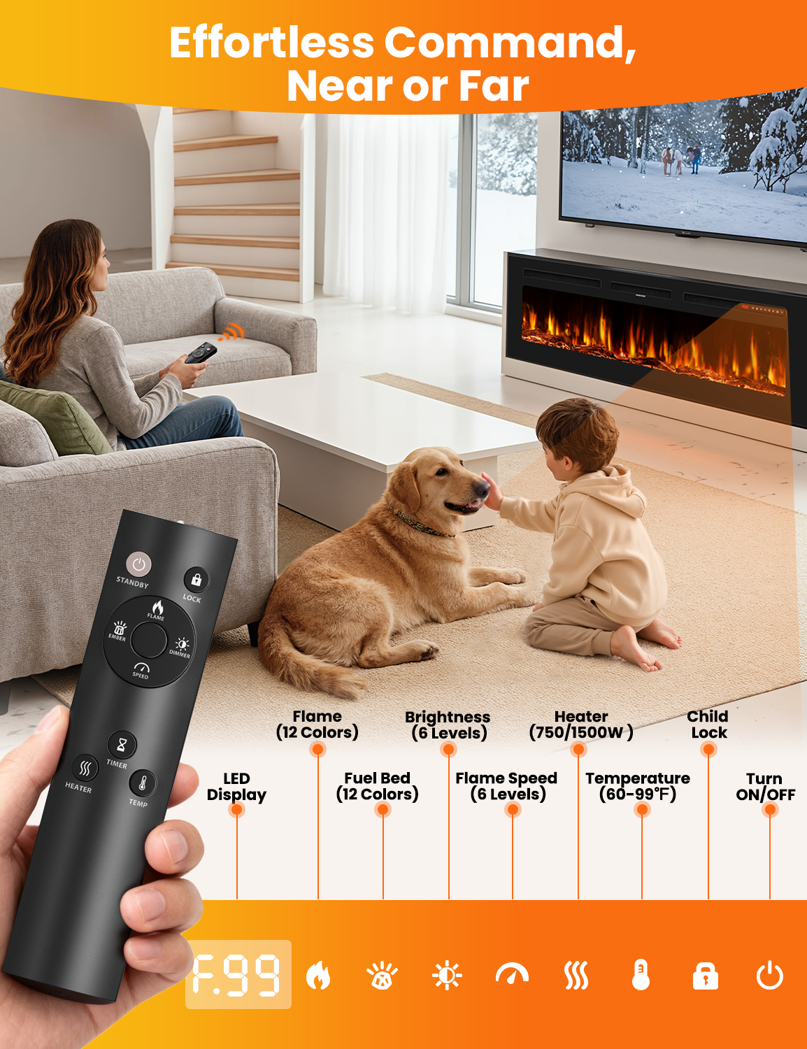 Nexaro 50″Electric Fireplace Heater with 1500W High/Low Heat, Overheat Protection, Child Lock, 12 Flame Colors, Timer, Remote Control, Recessed or Wall Mounted Fireplace Insert