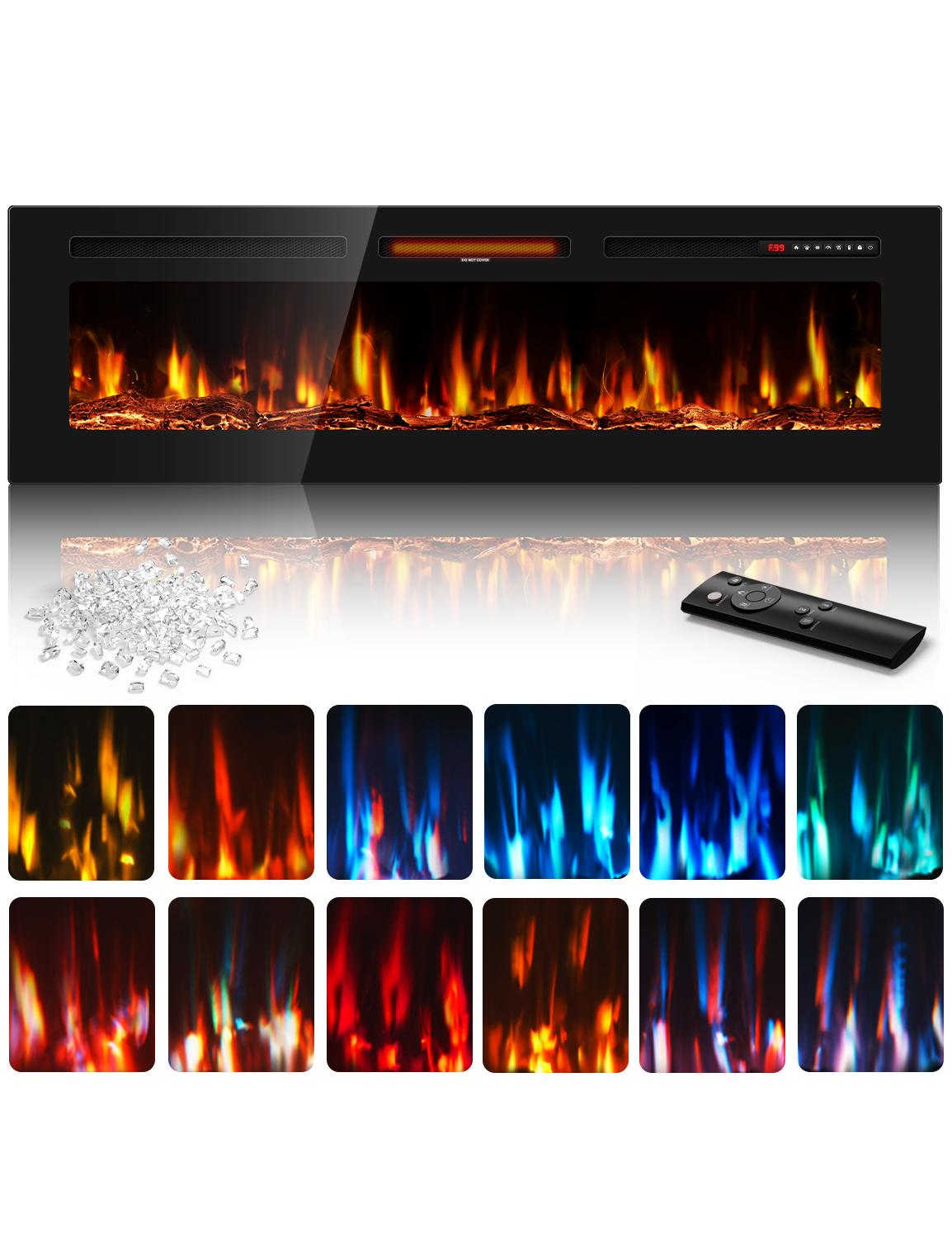 Nexaro 60″Electric Fireplace Heater with 1500W High/Low Heat, Overheat Protection, Child Lock, 12 Flame Colors, Timer, Remote Control, Recessed or Wall Mounted Fireplace Insert