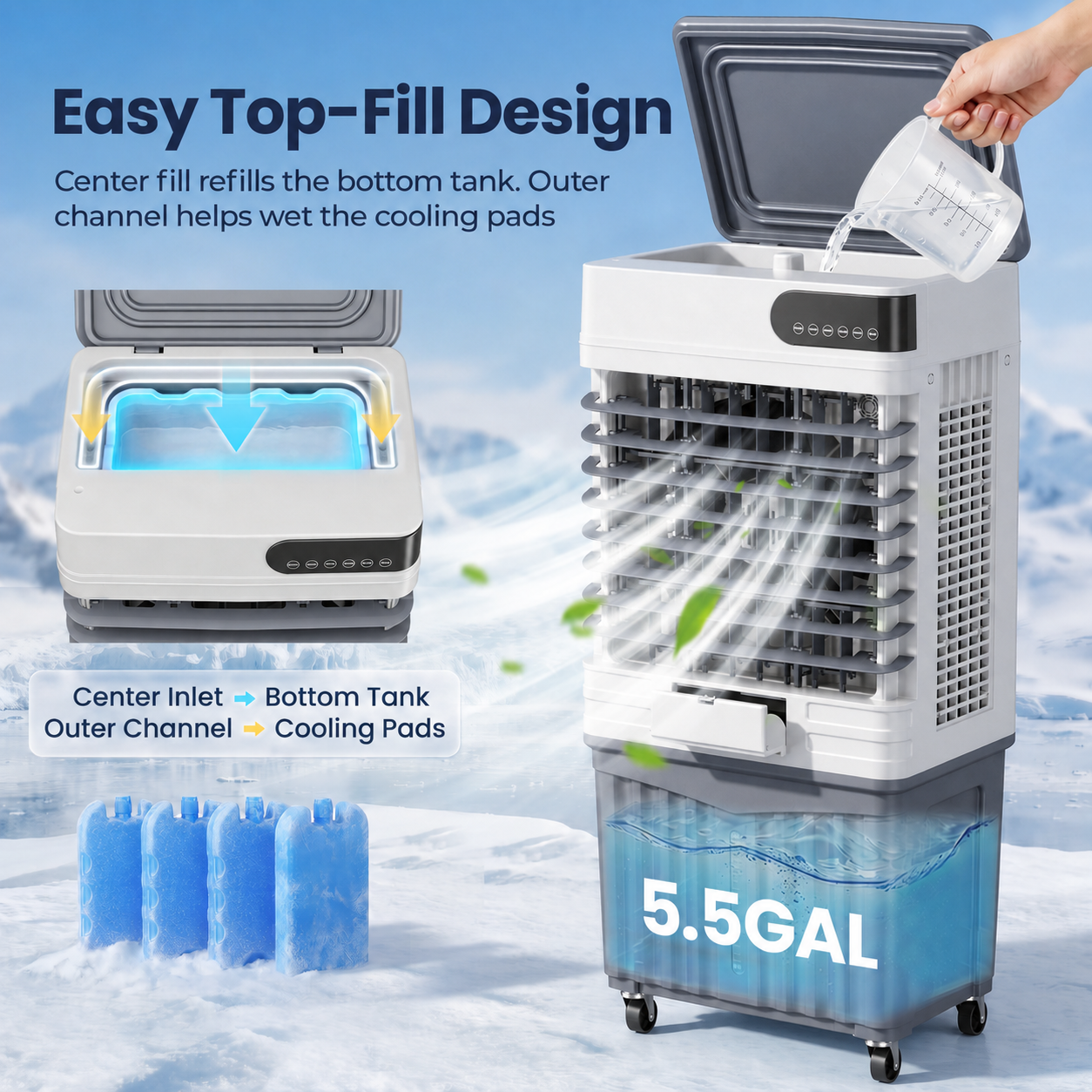 Swamp Cooler Air Conditioner, Portable Evaporative Air Cooler with 4 Ice Packs, LED Display, Remote & Touch Control, 12H Timer, Wide Oscillation, 5.5 Gal Tank for Bedroom, Garage