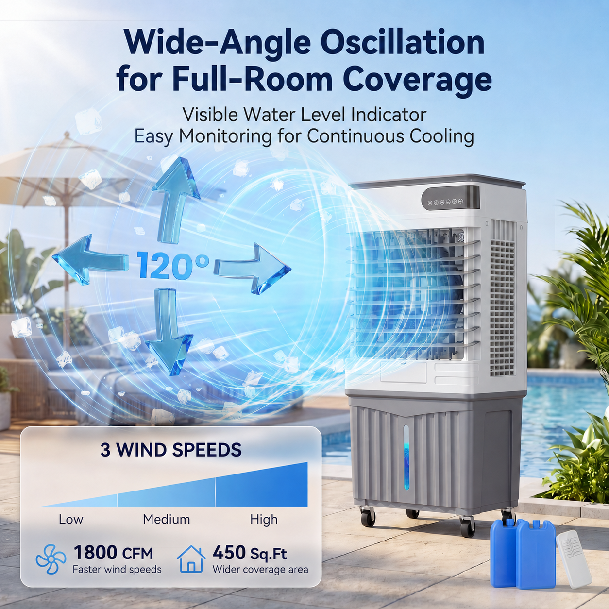 Swamp Cooler Air Conditioner, Portable Evaporative Air Cooler with 4 Ice Packs, LED Display, Remote & Touch Control, 12H Timer, Wide Oscillation, 5.5 Gal Tank for Bedroom, Garage