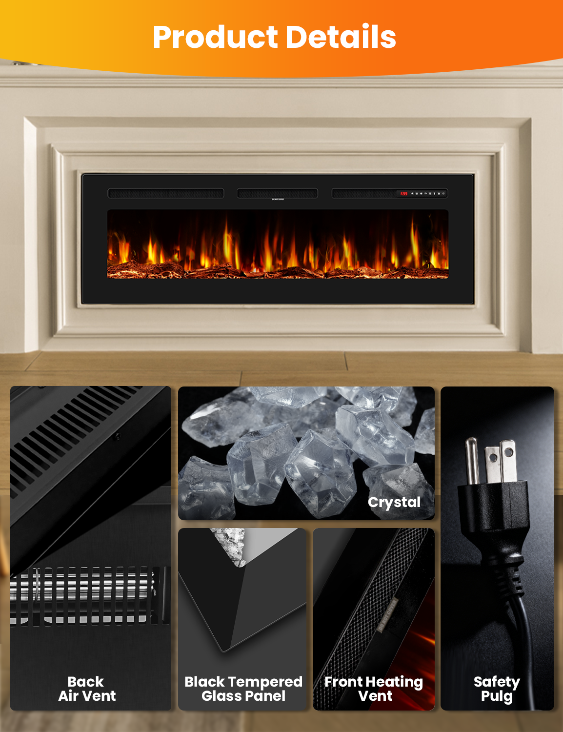 Nexaro 50″Electric Fireplace Heater with 1500W High/Low Heat, Overheat Protection, Child Lock, 12 Flame Colors, Timer, Remote Control, Recessed or Wall Mounted Fireplace Insert